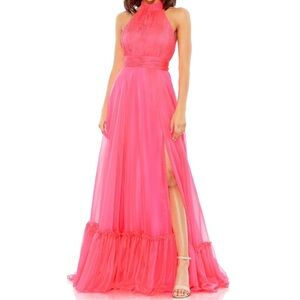 New Mac Duggal high neck tiered chiffon halter gown 4